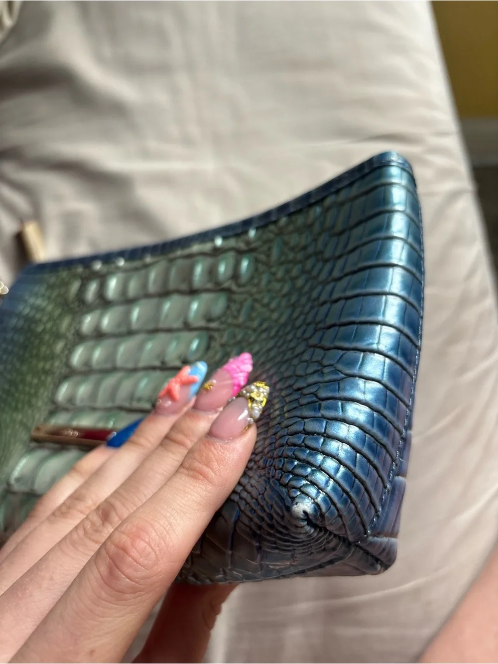 Brahmin Teal Green Iridescent Croc-Embossed Wristlet